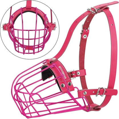 BRONZEDOG Pitbull Dog Muzzle Metal Mask Amstaff Wire Basket Pit Bull Adjustable Leather Straps for Large Dogs (Pink)