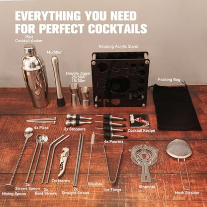 KINGROW Mixology Cocktail Shaker Set - Complete 29-Piece Bartender Kit and Bar Tools with Acrylic Rotating Stand, Professional Bar Set for Drink Mixing, Home, Bar, Party (Sliver)