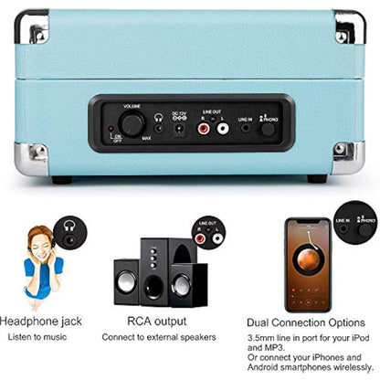 1 BY ONE Bluetooth Record Player Belt-Drive 3-Speed Portable Vinyl Turntable with Built in Speakers, Supports RCA Output, Headphone Jack, MP3, Mobile Phones Music Playback, Turquoise