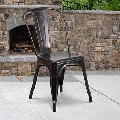 Flash Furniture Luke Commercial Grade 4 Pack Black-Antique Gold Metal Indoor-Outdoor Stackable Chair