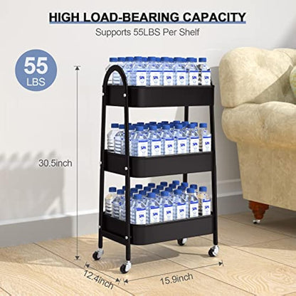 EAGMAK 3 Tier Metal Storage Trolley, Utility Rolling Cart with Handle and Lockable Wheels, Multifunctional Storage Organizer Trolley with Mesh Baskets for Kitchen, Living Room, Office, Garage (Black)