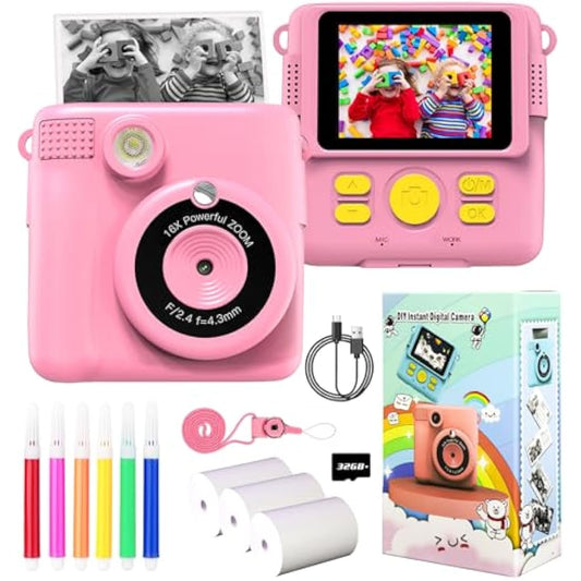 Kids Camera for Girls Boys, Kids Instant Print Camera Toy, 2.4" Screen, 1080P HD Kids Digital Camera with 3 Rolls Photo Paper, Birthday Gifts for 3 4 5 6 7 8 9 10+ Year Old, 6 Color Pen, 32GB SD Card