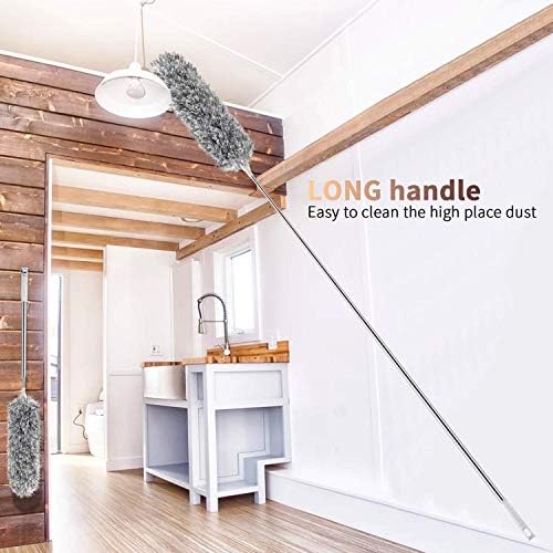 Feather Duster Extendable with Stainless Steel Extension Pole, 100 Inches Extra Long Telescopic Dusters, Microfiber Duster with Bendable Head for Cleaning Interior Roof, Cobweb, Ceiling Fan, Cars