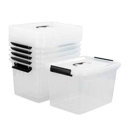 Asking 10 L Clear Plastic Storage Lidded Boxes with Black Handles/Latch, Pack of 6
