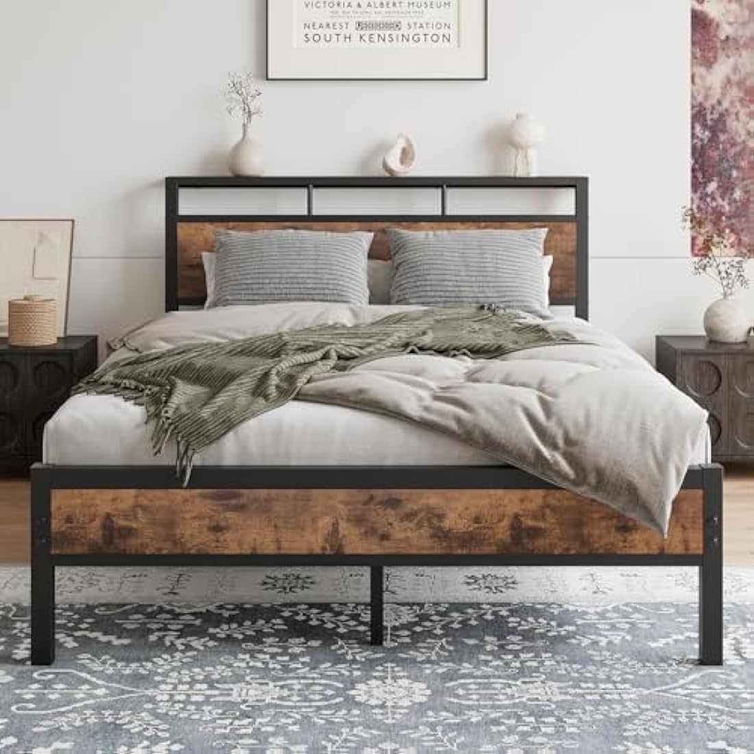 JELUTE Double Bed Frame with Wooden Storage Shelf Headboard, Metal Platform Bed Frame, No Box Spring Needed, Noise Free, Reinforced Strong Support Leg, Black