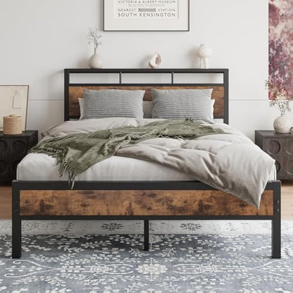 JELUTE Double Bed Frame with Wooden Storage Shelf Headboard, Metal Platform Bed Frame, No Box Spring Needed, Noise Free, Reinforced Strong Support Leg, Black