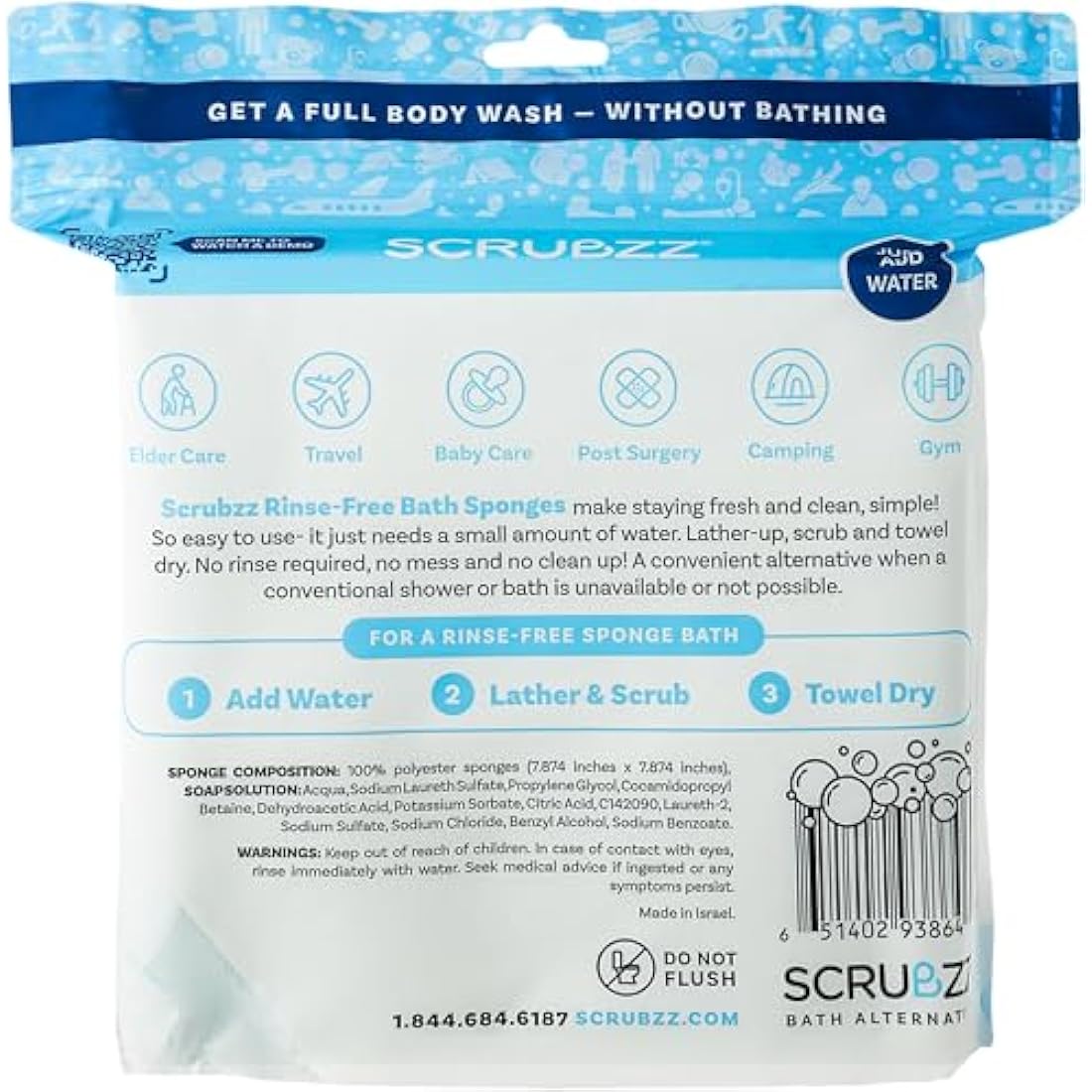 Scrubzz Disposable Bed Bath Wipes 25 Pack for Elderly Travel Camping Single Use Shampoo Shower Rinse Free
