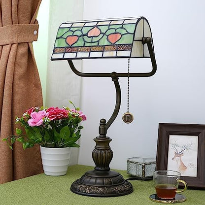 Blivuself Tiffany Style Heart Bankers Table Lamp Stained Glass Vintage Bedroom Bedside Study Pull Chain Reading Desk Lamps Office Nightstand Aesthetic Antique Green Banker'S Lamp Work Light Desklamp