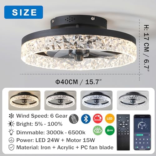 Quiet Ceiling Fans with Lights Remote Control, Modern Lighting Fan Ceiling Light LED Dimmable Ceiling Fan Lamps for Bedroom Living Room, Fan Reversible and 6 Speeds (Black, 40CM)
