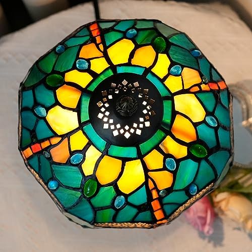 Blivuself Tiffany Style Stained Glass Table Lamp Dragonfly Green Yellow Bedroom Bedside Reading Desk Light for Office Dormitory Bar Restaurant Decorate Retro Unique Cute Small Night Light Gift 8 inch