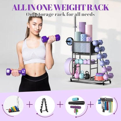 Mythinglogic Dumbbell Rack Stand, Multifunctional Weight Rack for Dumbbells, Yoga Mat, Fascia Roller, Kettlebell and Yoga Block, Powder-Coated Steel Dumbbell Stand with Wheels and Hooks