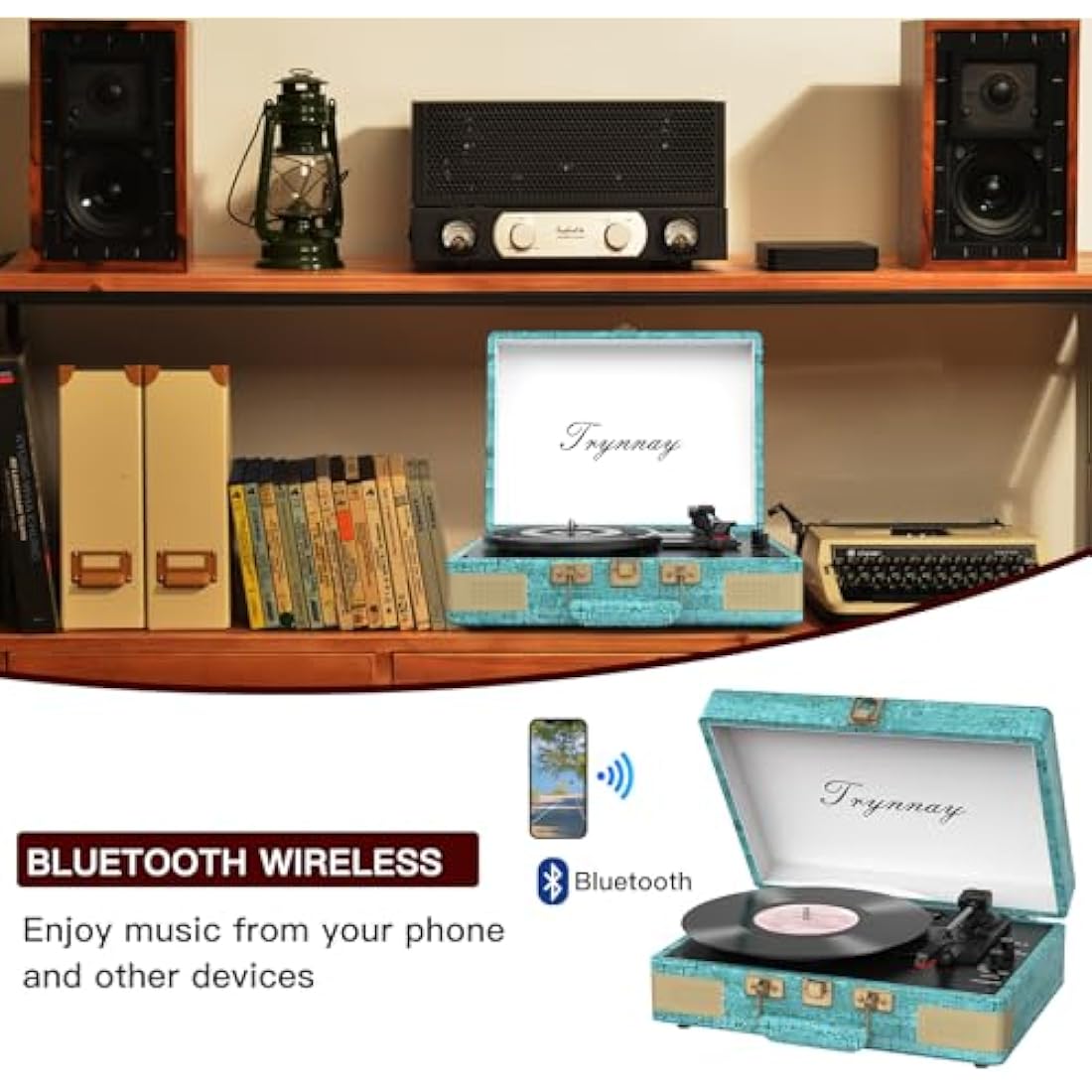 Trynnay Record Player 3 Speed Bluetooth Portable Suitcase Vinyl Player with Built-in Speakers Turntable Enhanced Audio Sound Sky Blue
