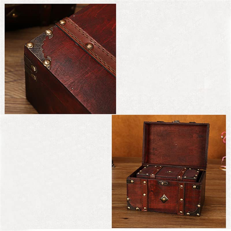 LIKEUDO Retro Jewelry Treasure Chest With Lock Vintage Wooden Trinket Storage Box (S (7.1x3.9x4.3in))