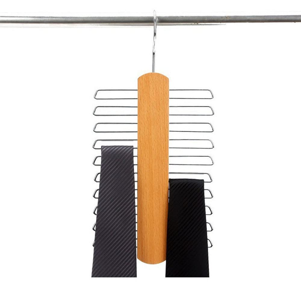 2 Piece Wooden Tie Hanger, Swivel Tie Rack with 20 Metal Partitions and 360 Degree Rotating Clothes Hook, for Hanging Belts, Scarves
