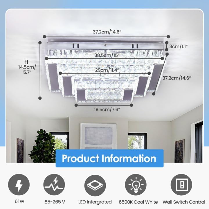 Finktonglan Square Crystal LED Ceiling Light Fixtures, 15” Modern Chandelier Ceiling Lights 3-Tiers Flush Mount Ceiling Lamp Fixture for Living Room Dining Room(6500K Cool White)