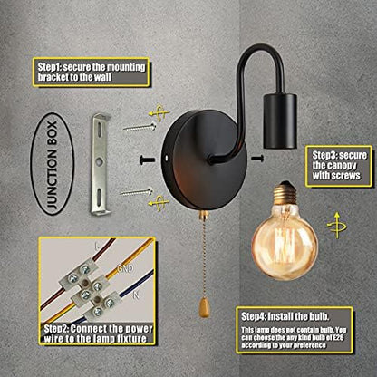 Lightess 2Pcs Wall Light with Switch Pull Cord Wall Lights E27 Socket, Retro Metal Iron Wall Sconces Industrial Wall Lamp for Bedroom Living Room Hallway (No Bulb, Black)