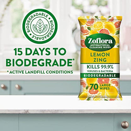 Zoflora Lemon Zing Large Biodegradeable Wipes, Antibacterial Cleaning, 6 x 70 Wipes Pack, Multi-Surface Disinfectant, Removes Odours & Kills 99.9% of Bacteria & Viruses