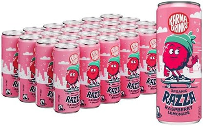 Karma Drinks Razza Raspberry Pink Lemonade (250ml x 24 Cans Soft Drink), Organic, Gluten Free Lemonade cans, Natural Ingredients, FairTrade, Vegan Friendly, No GMO, Carbonated Fizzy Drinks 24 Pack