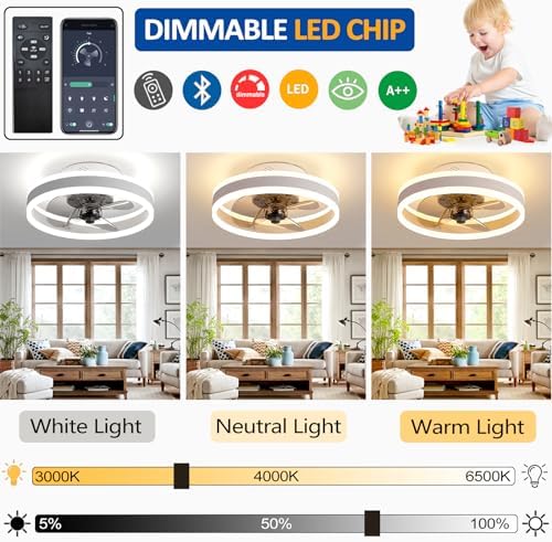 LED Ceiling Fans with Lights Reversible Remote, 6 Speeds Modern Bedroom Fan Ceiling Light Quiet Dimmable Small Ceiling Fan Light for Living Room, Gold 40CM