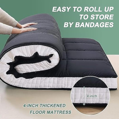 ZIKEBTUY Floor Mattress Japanese Futon Double Mattress Topper - 10cm Thick Foldable Tatami Mat Sleeping Bed Pad for Guests, Dormitories, Camping, Sofas & Loungers - Black, 203 * 137 * 10CM