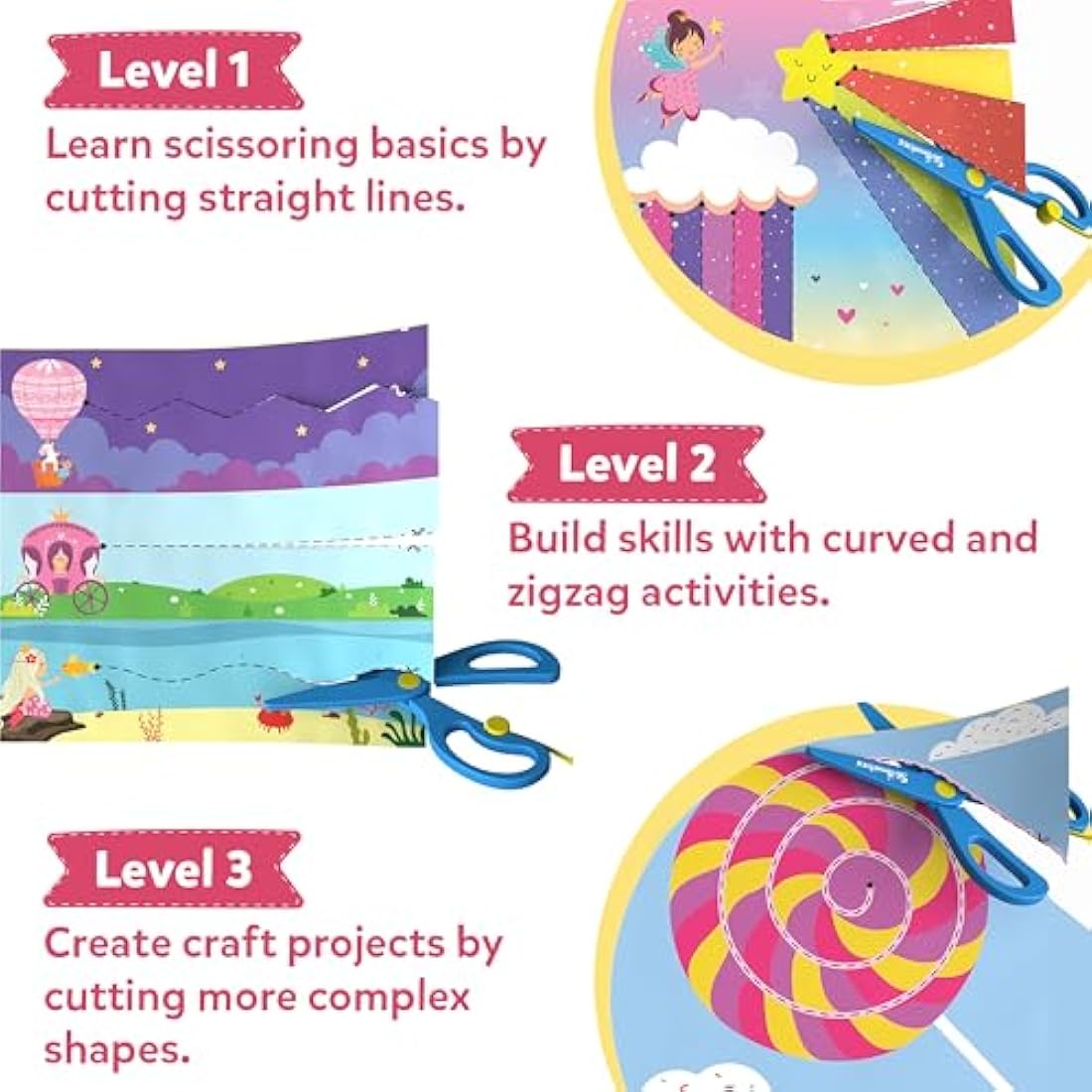 Skillmatics Scissor Skills Activity Book - Snip Snip, 25 Fun Cutting & Creative Activities for Preschoolers, 2 Child-Safe Scissors, Fine Motor Skills Craft Kit, Gifts for Kids Ages 3, 4, 5, 6, 7