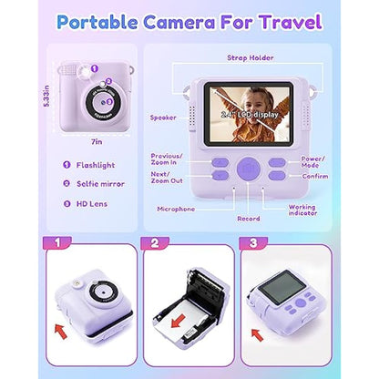 YORKOO Kids Camera for Girls Boys, Instant Camera for Kids with Print Photo Paper, 1080P HD Digital Camera Toy, Birthday Gifts for 3 4 5 6 7 8 9 10 Years Old Girl, Video Recorder, 32GB SD Card
