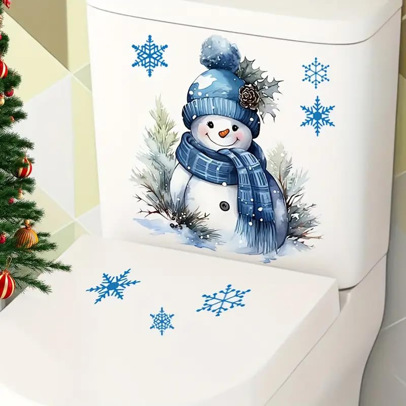 Christmas Snowman Snowflake Toilet Cover Sticker Decals,Fish Bird Flower Leaf Waterproof Toilet Lid Tank Seat Decals Cistern Self-Adhesive Bathroom