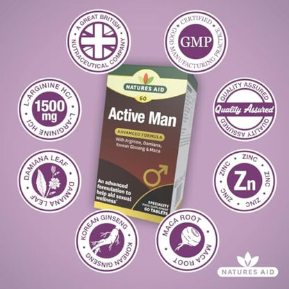 Natures Aid Active Man Tablets - High Strength Supplement with Zinc Maca Ginseng and Damiana - Supports Men’s Health Energy Vitality Immunity and Performance - Vegan Gluten Free Non-GMO - 60 Tablets