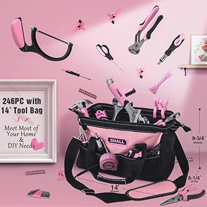 SHALL Pink Tool Set, 246-Piece Home Tool Kit for Women, Ladies Basic Tool kit for House with 14”Wide Mouth Open Tool Bag, General Household Hand Tool Set for Home Repair, Maintenance and Improvement