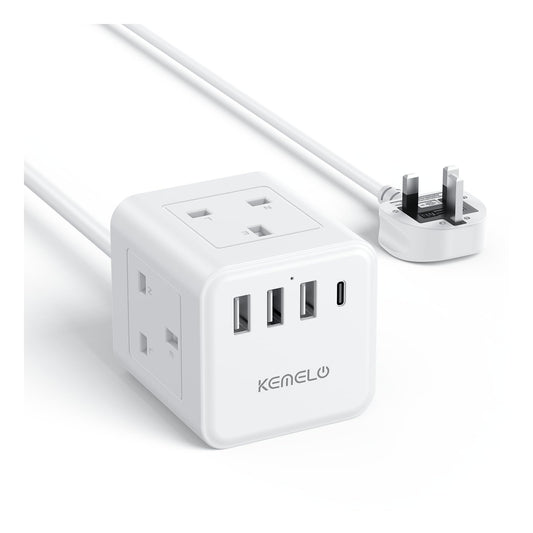 Cube Extension Lead with 4 USB Slots, Kemelo 4 Way (13A/3250W) Multi Plug Extension Cable with Child Safety UK Desktop Power Extension Socket,1.5M