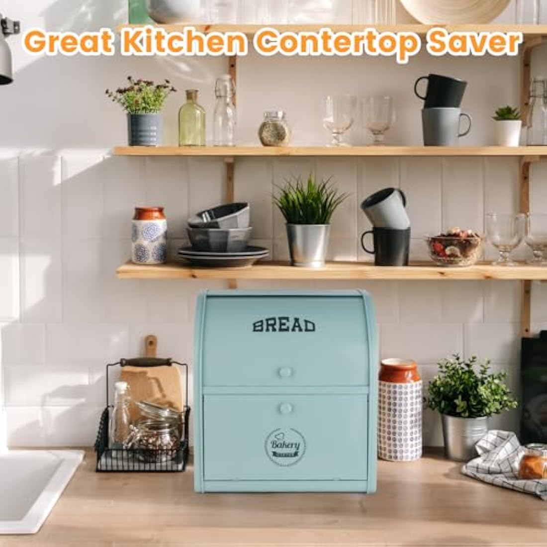 Esilihom Bread Bin, Bread Bins for Kitchen, 2-Layer | Large | Roll Top | 30 x 24.5 x 32.5cm, Green
