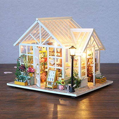 GuDoQi Miniature Dolls House Kit with Music, DIY Miniature House Model Kits for Adults to Build, Handmade Crafts Kit, Room Decoration, Make Your Own Birthday, Father's Day Flower Shop