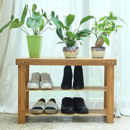 Hossejoy Bamboo Shoe Bench, 3 Tier Shoe Rack Storage Organiser, Shoe Racks Storage Shelf Organizer, Ideal for Entryway, Living Room, Hallway (70 x 28 x 45cm)