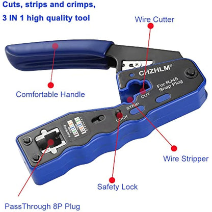CHZHLM RJ45 Crimping Tool Kit Pass Through Crimper Stripper Cutter All-in-One for Cat5 Cat6 Pass Through Connector with Cable Tester 50Pcs Connectors 50Pcs Covers Mini Stripper