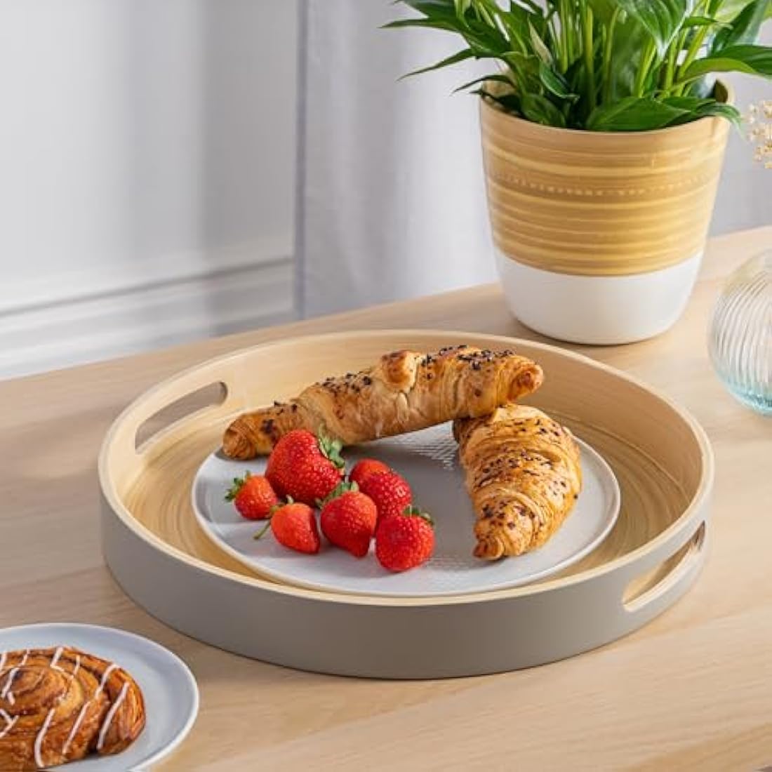 Dehaus® Stylish Wooden Bamboo Tray - Grey Large - Luxury Round Wood Lap Trays for Eating Dinner, Tea and Coffee Tray, Bar Drinks or Food Serving Trays with Handles - Eco Friendly