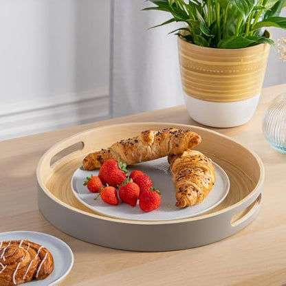 Dehaus® Stylish Wooden Bamboo Tray - Grey Large - Luxury Round Wood Lap Trays for Eating Dinner, Tea and Coffee Tray, Bar Drinks or Food Serving Trays with Handles - Eco Friendly