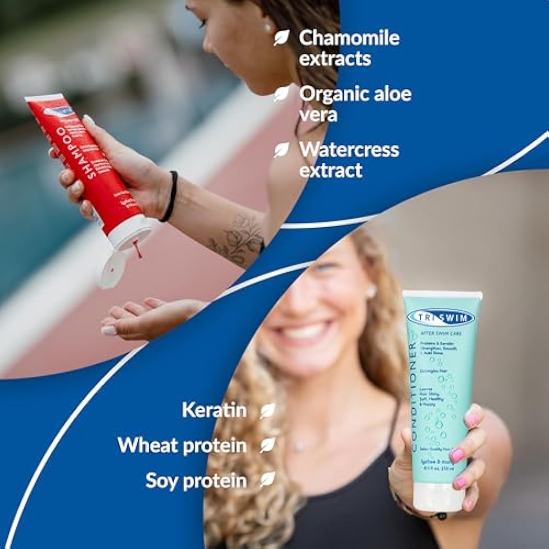 TRISWIM - Chlorine Removal Hair Care Bundle, After Swim Care Shampoo and Moisturizing Conditioner, Anti-Chlorine Hair Protection For Swimmers, Removes Green Tint, Vegan & Cruelty Free (250+250 ml)