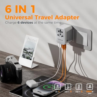 TESSAN Universal Travel Adapter 28W, Worldwide Plug Adaptor with 2 USB A and 3 USB C Ports, International Travel Adapter for EU, UK, USA, AU, Power Socket Charger for Multi Countries, Grey White