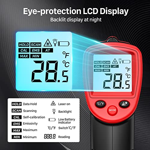Infrared Thermometer, Eventek IR Laser Thermometer -50 ° C ~ 500 ° C (-58 ° F ~ 932 ° F), Non-Contact Digital Temperature Gun for Kitchen Cooking,BBQ,Vehicle Repair,Pizza,Fridge, Red/Black