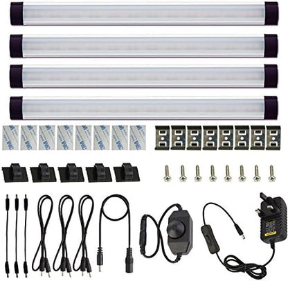 AlBOO Under Cabinet Kitchen Light - Wired LED Dimmable Warm White, 28cm Cupboard Light 12V Plug-in With Mains, Ultra Thin Fixture for Counter Display - 4 Pack