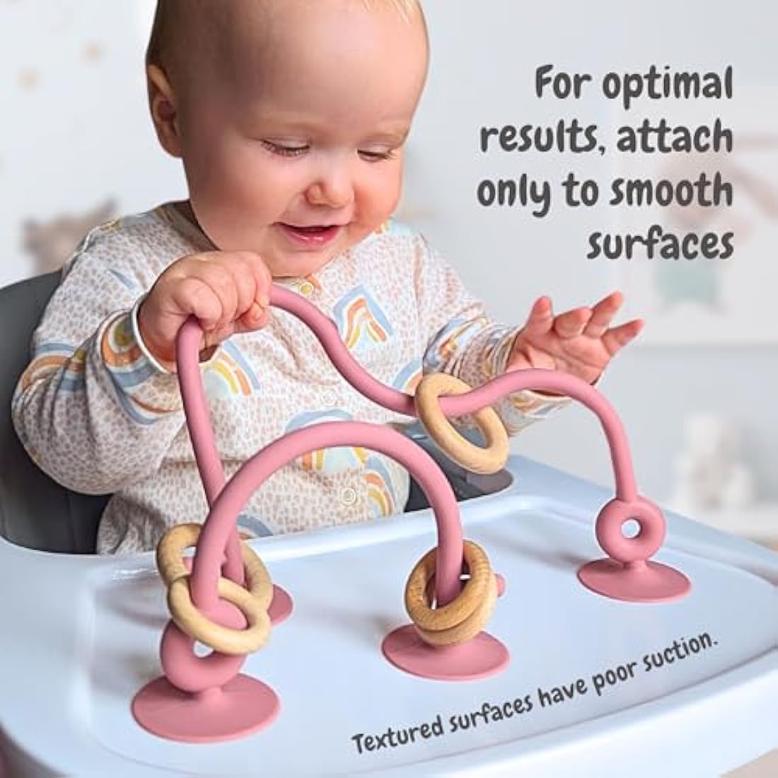 Infatot® Teething Suction Toy – Wood & Silicone Baby Toys 0-6 Months, Sensory Toy for Early Development, Suction Teether for High Chair, Baby Gift for Boys and Girls - Olive