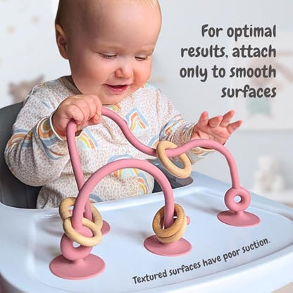 Infatot® Teething Suction Toy – Wood & Silicone Baby Toys 0-6 Months, Sensory Toy for Early Development, Suction Teether for High Chair, Baby Gift for Boys and Girls - Olive