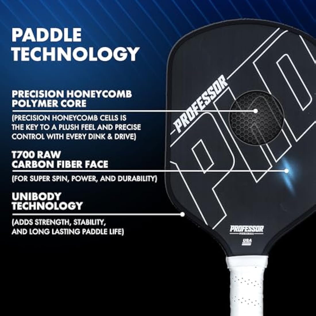 Professor PhD Raw Carbon Fiber Premium Pickleball Paddle Racket - USA Pickleball Approved - Honeycomb Core - Power & Control