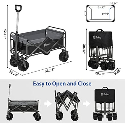 Sekey Folding Festival Trolley with Wide All-Terrain Wheels, 440LB Large Load Capacity, Heavy-Duty Camping Wagon with Brake, Sturdy Beach Garden Cart, Adjustable Handles & Drink Holders, Black & Grey