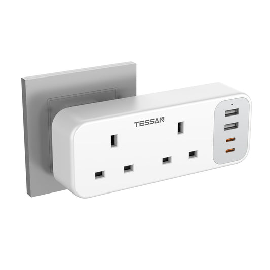 Double Plug Adaptor UK with 4 USB(2 USB C), TESSAN 2 Way Multi Plug Extension Socket, 13A Fuse UK Multiplug Adapter Power Extender for Home, Kitchen,