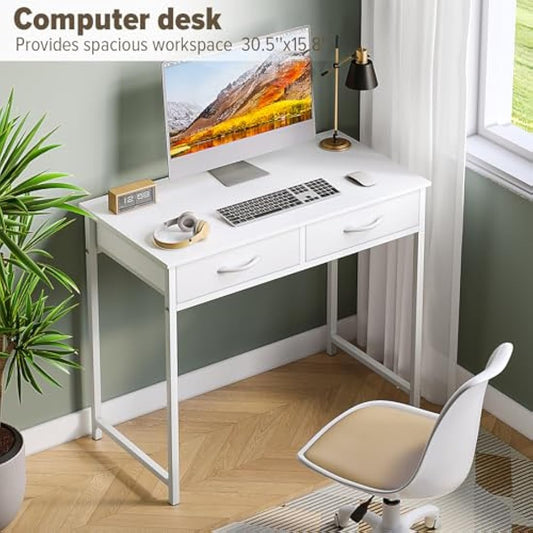 WOHOMO Small Computer Desk with Drawers, 31.5 Inch White Vanity Desk with Storage, Home Office Computer Desks for Small Spaces, Modern Work Writing Study Table, White