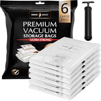 GENIE SPACE Premium Vacuum Storage Bags for Drawers, Suitcases and Wardrobes - Airtight, Odour-Proof, Reusable - Double Zipper Seal Compact Organiser - 80x60 cm, 6-Pack, Large