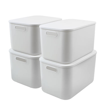 MaxEarn 4Pcs Plastic Storage Boxes with Lids, 23L Stackable Storage Baskets with Handles, 37x26x24cm Cupboard Organiser
