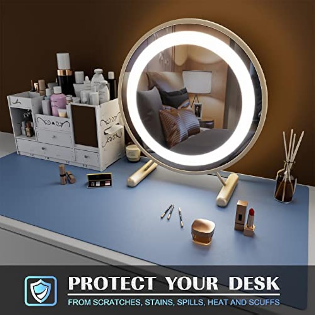 K KNODEL Small Office Leather Desk Mat, Mouse and Keyboard Pad, Computer and Laptop Mat, Desktop Protector and Cover, Writing Pad and Blotter (60x35cm, Lake Blue)