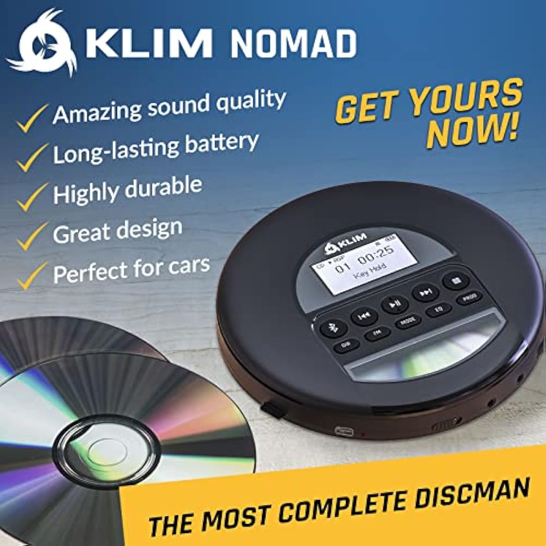 KLIM Nomad - Portable CD Player with Long-Lasting Battery - with Headphones - Radio FM - Compatible MP3 CD Player Portable - TF Card Radio FM Bluetooth - Ideal for Cars - Black